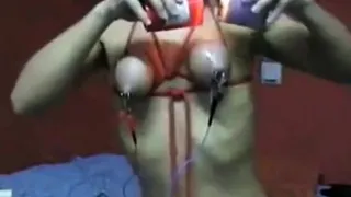 Self bondage tits play